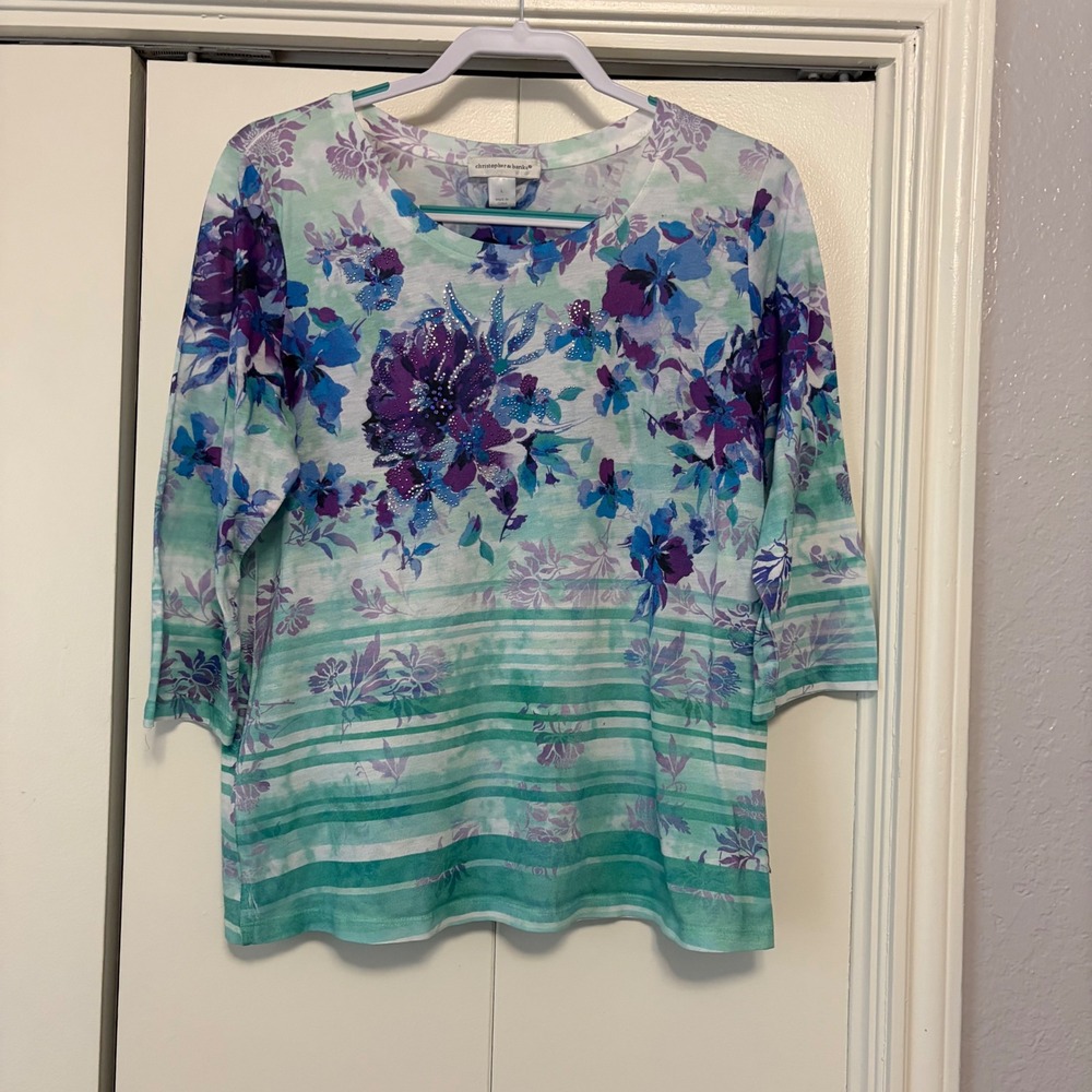 Christopher & Banks Womens Floral Stripe Rhinestone 3/4 Sleeve Top Purple Mint L